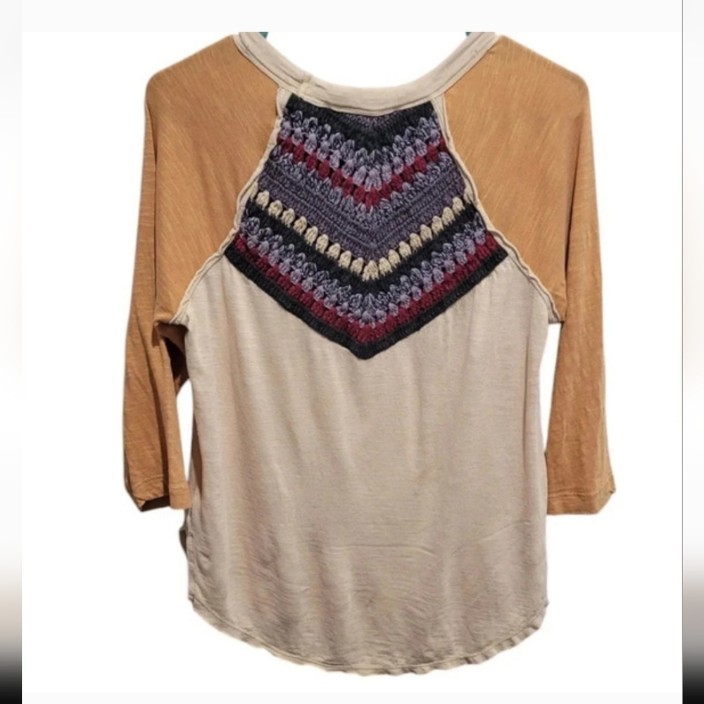 Free People We The Free Spring Bound Long Sleeve Top Small Boho Crochet Yoke Bei - Picture 4 of 12